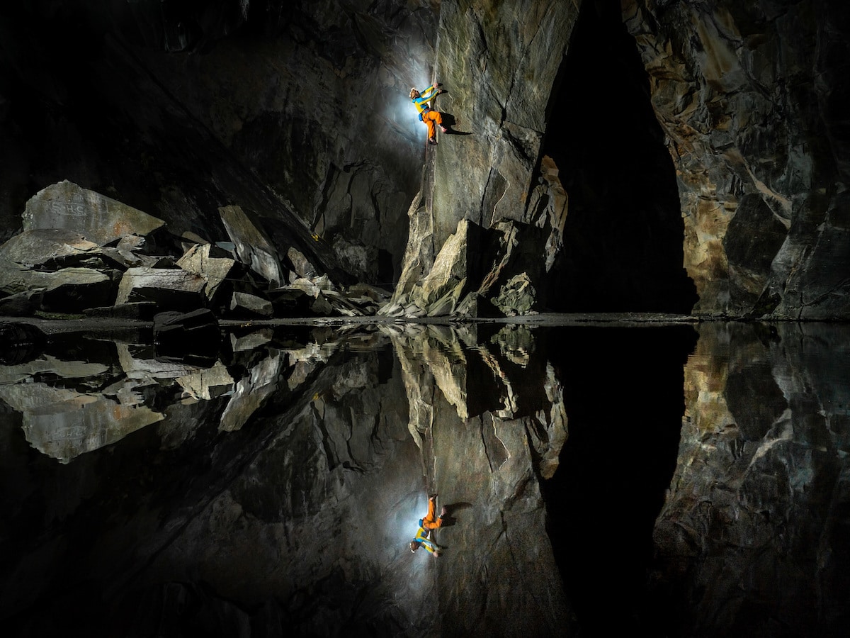 Rock Climbers Inside Lake District Cathedral Quarries