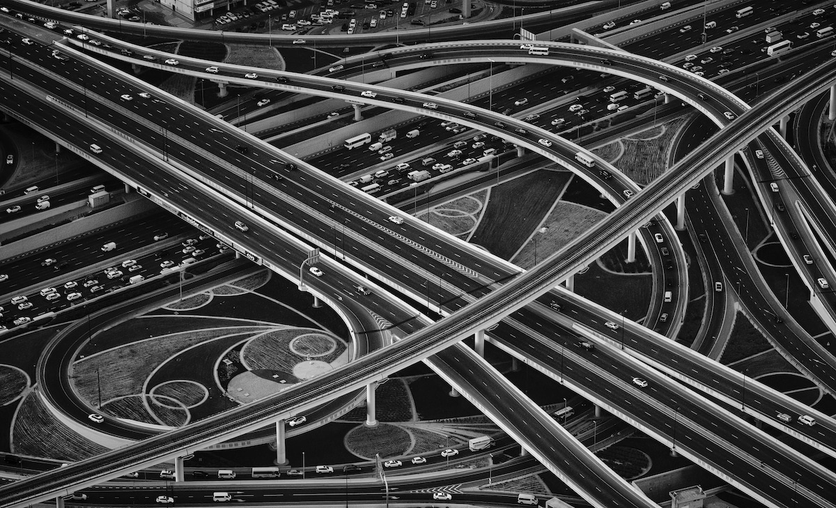 View of a road junction below the Burj Khalifa Tower in Dubai