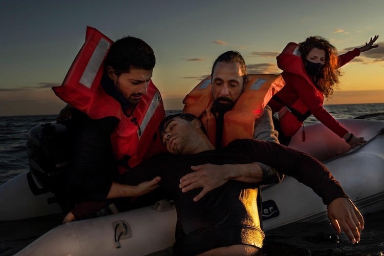 Refugees on Rubber Raft in the Mediterranean Sea