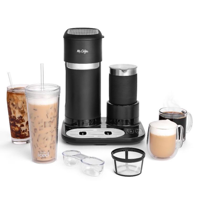 Mr. Coffee 4-i-1 enkelservering latte, is och varm kaffebryggare med mjölkskummare