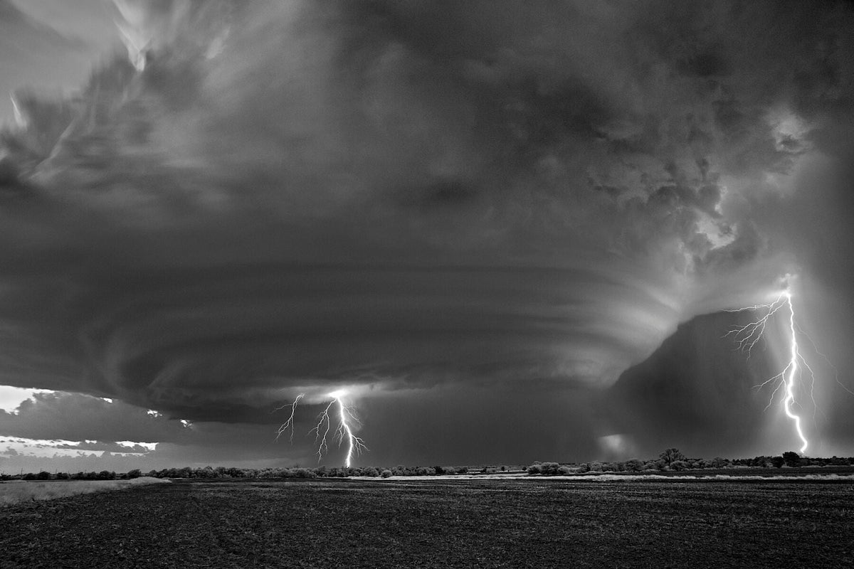 Black and White Photo of Lightning Strike in Oklahoma by Mitch Dobrowner