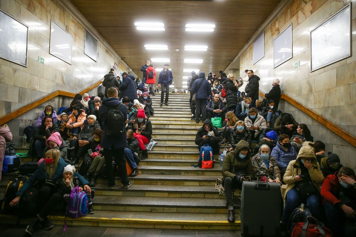 Ukrainians Sheltered on Underground Subway Station Staircase