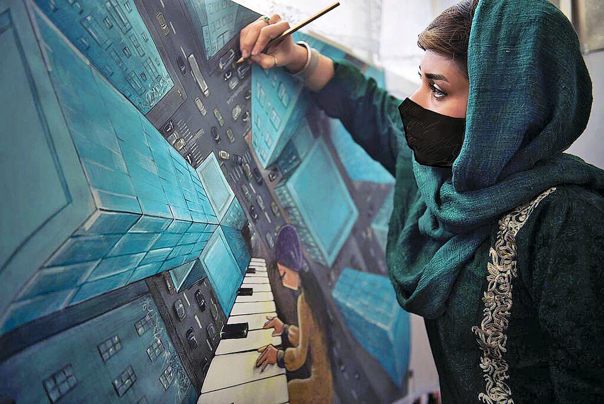 Shamsia Hassani Painting in Her Studio in Kabul
