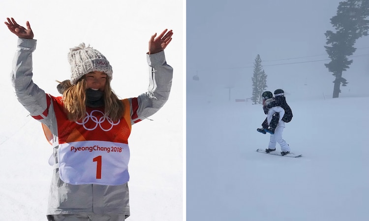 Chloe Kim Carries Snowboarder Down a Mountain