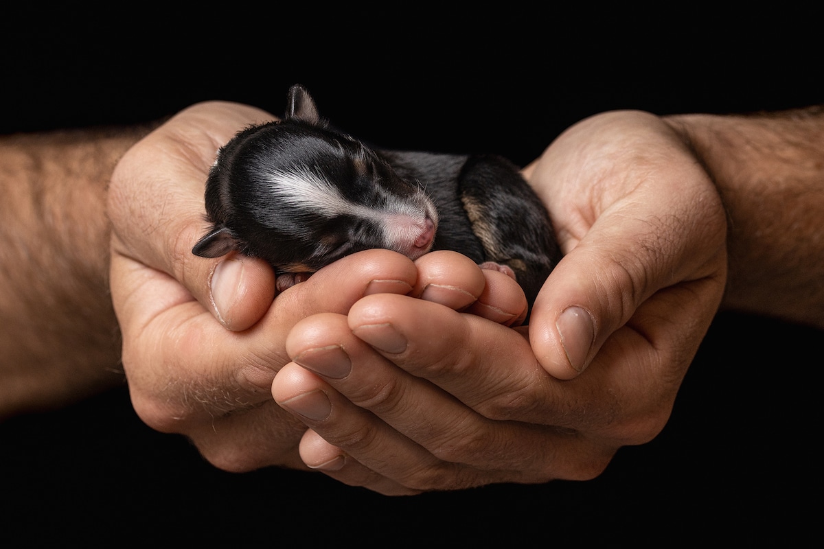 Photo of Newborn Puppy Cupped in Someone's Hands
