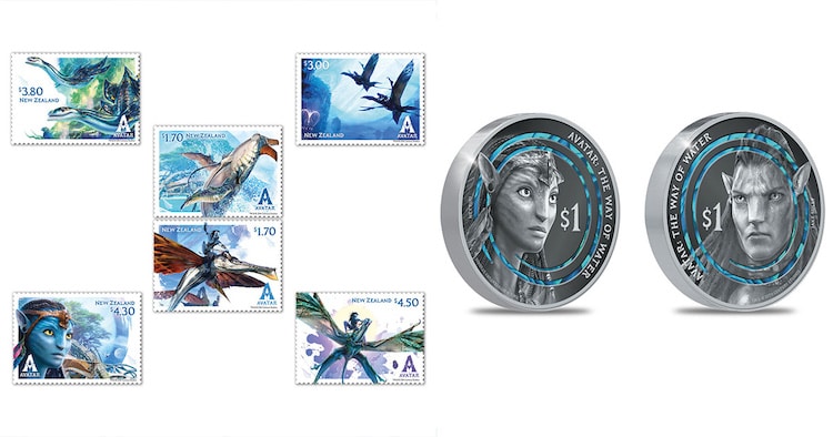 collectable Avatar: The Way of Water coins and stamps designed by New Zealand artist Chris Jones