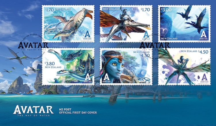 collectable Avatar: The Way of Water stamps designed by New Zealand artist Chris Jones