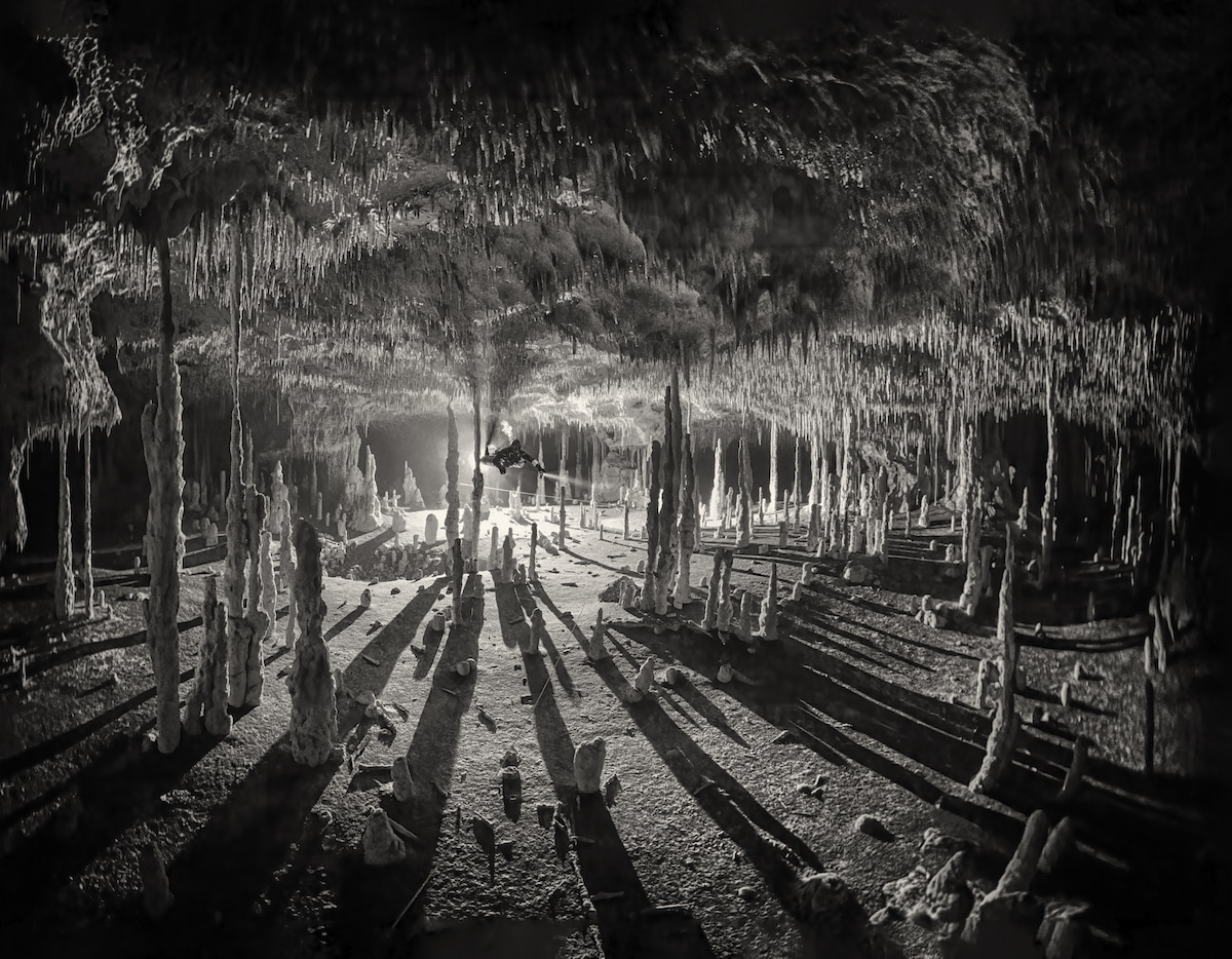 Black and hite Photo of Cenote in Mexico