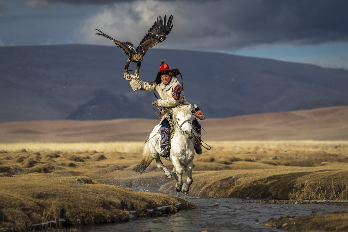 Nomadic Kazakh eagle hunter riding a horse