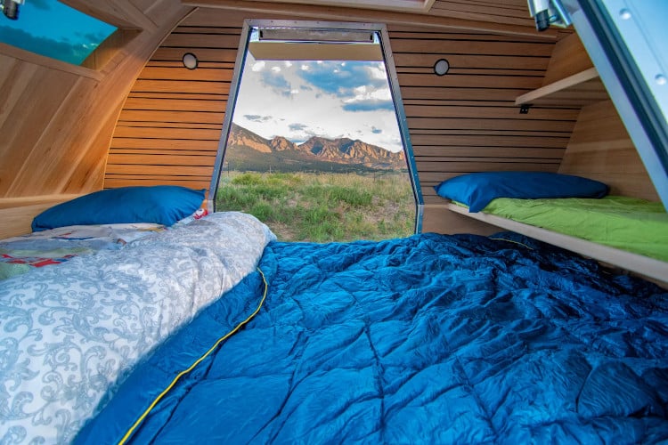 Woody interior of colorado teardrop trailer