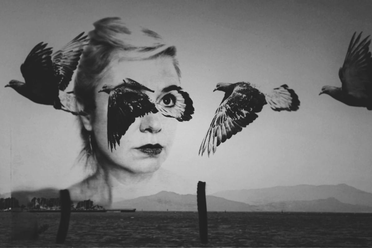 Artistic Black and White Photo of Woman and a Flying Bird