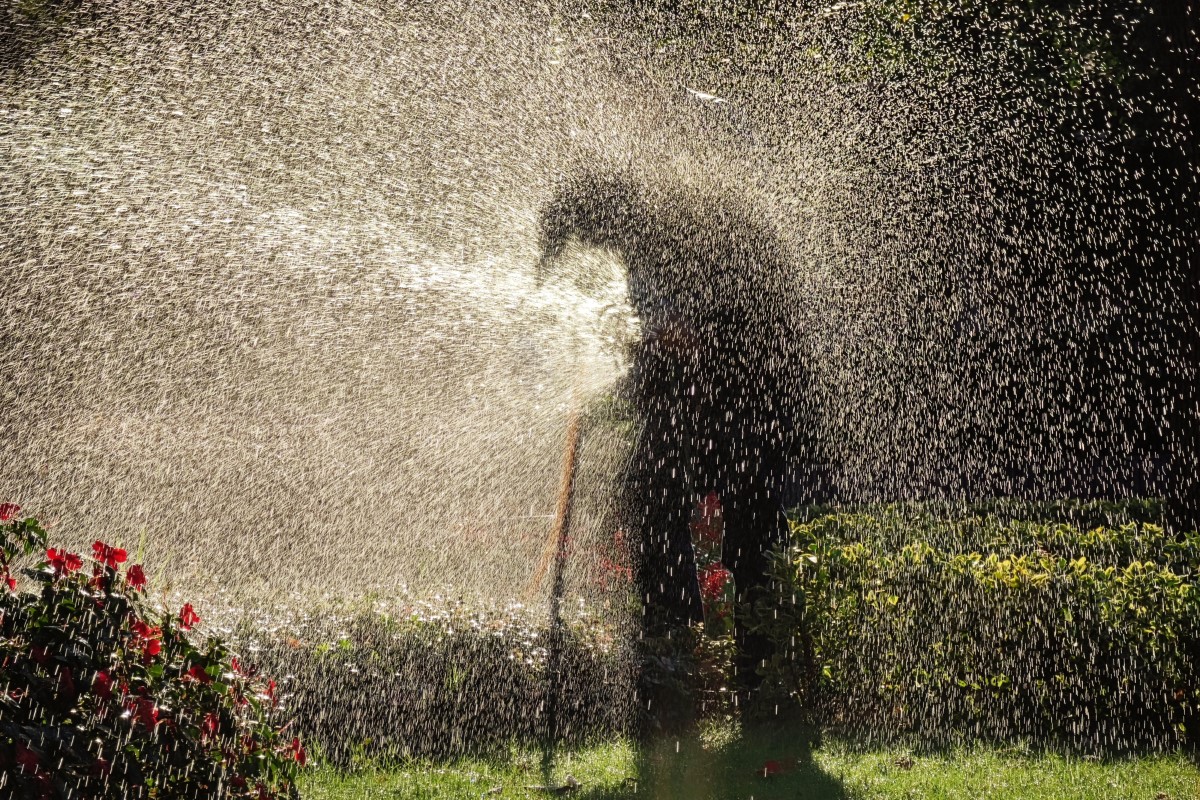 Silhouette of a Man with a Cane Behind a Spray of Water