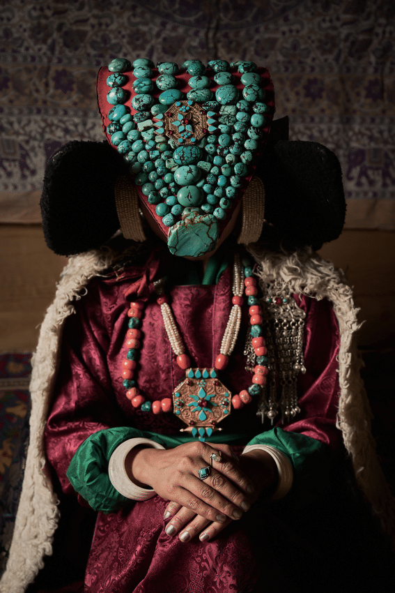 A young Ladakh woman wearing traditional wedding attire