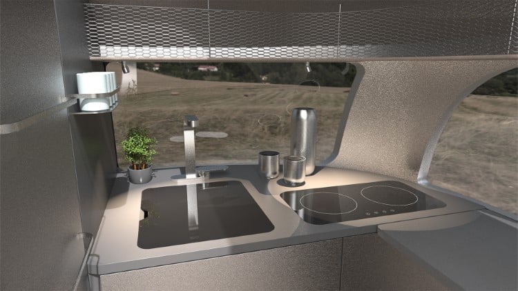 Kitchen in Airstream anď Porsche Concept Trailer