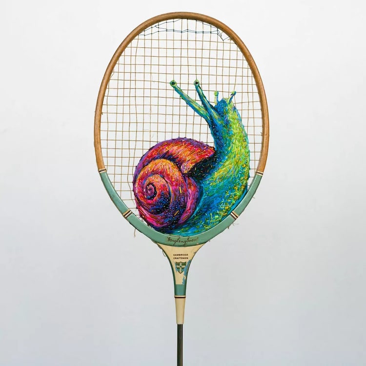 Embroidery by Danielle Clough on a Tennis Racket