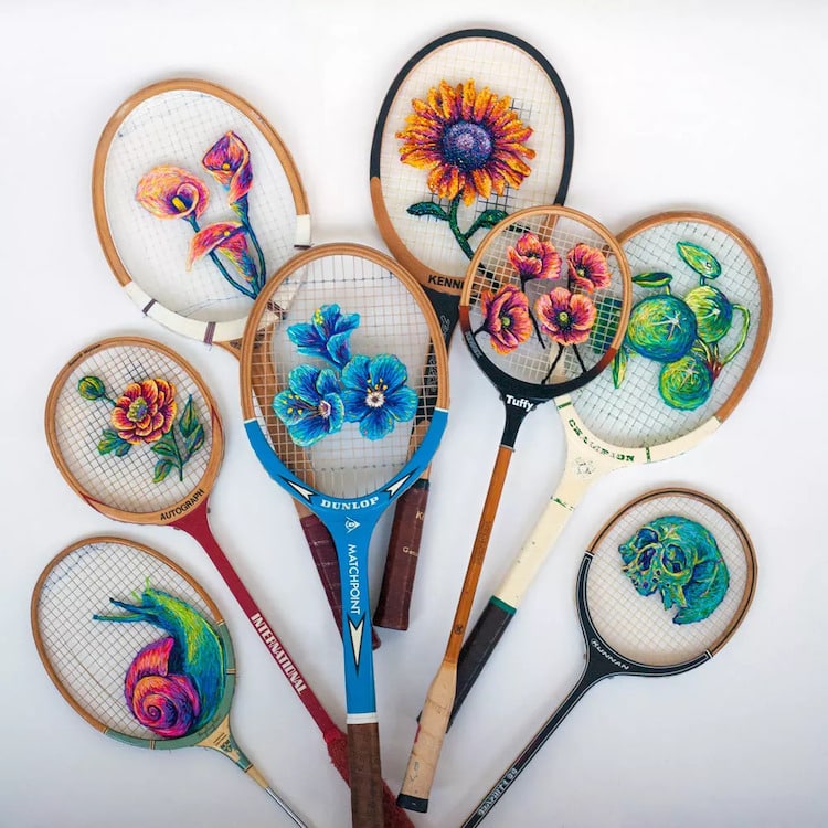 Embroidery by Danielle Clough on a Tennis Racket