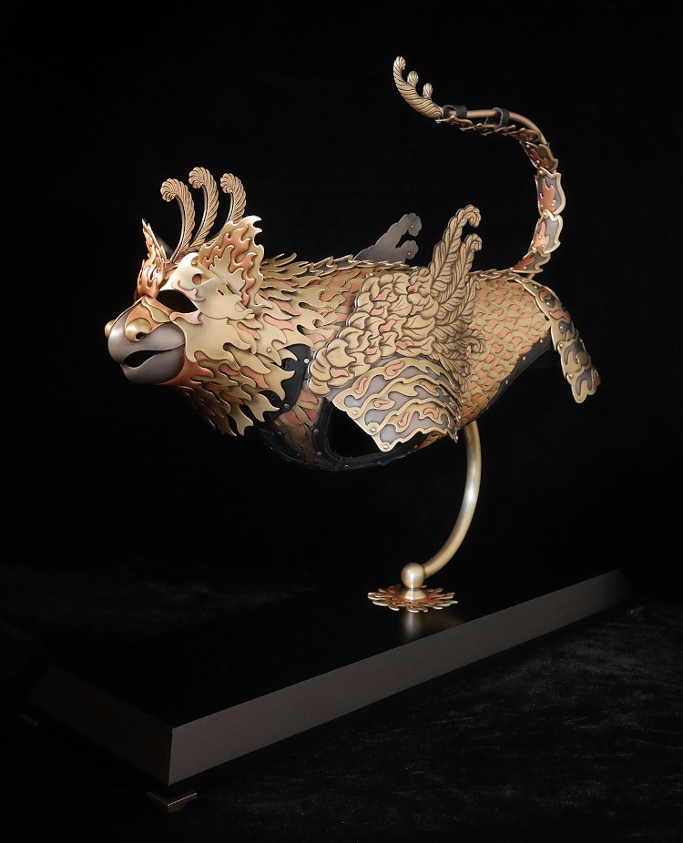 Cat armor made from metal inspired by a phoenix