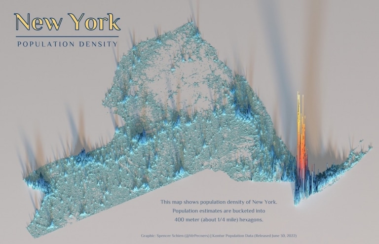 3D Population Density Maps Highlight the Stark Contrast in States