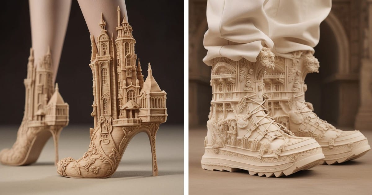  A pair of Renaissance-style shoes with intricate carvings depicting buildings and mythical creatures.