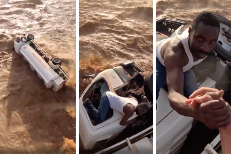 Screenshots of video showing rescue of truck driver trapped in river in Kenya by a helicopter