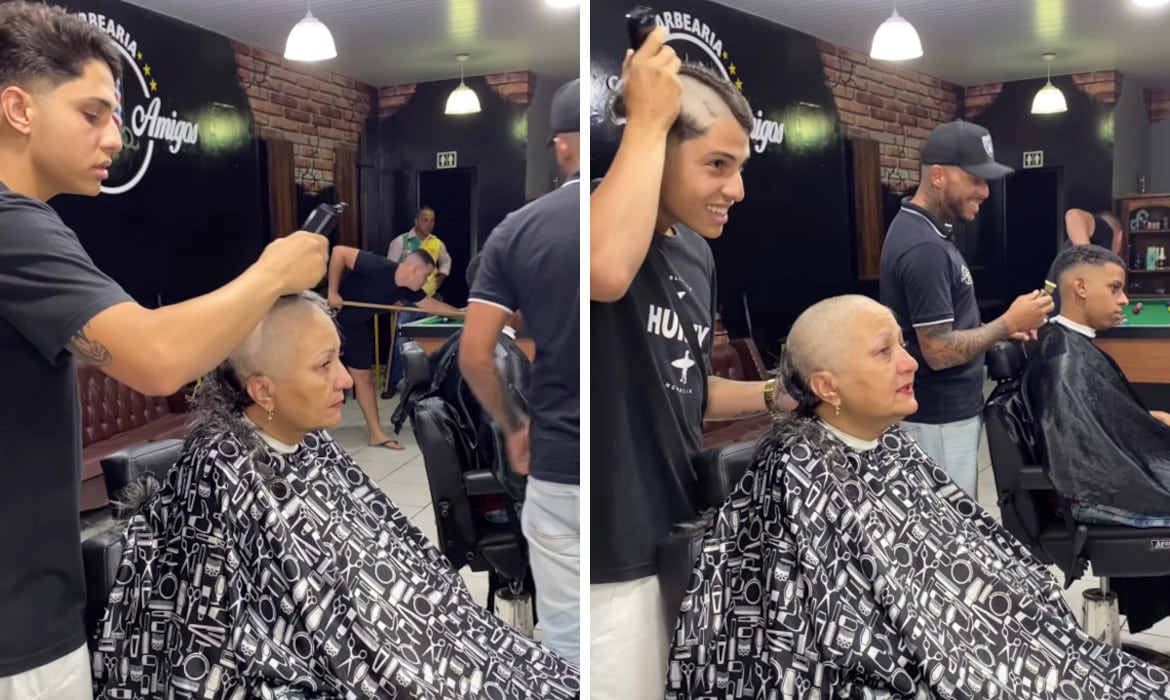 On the left, a barber shaves his mothers head; on the right, he begins shaving his head in solidarity