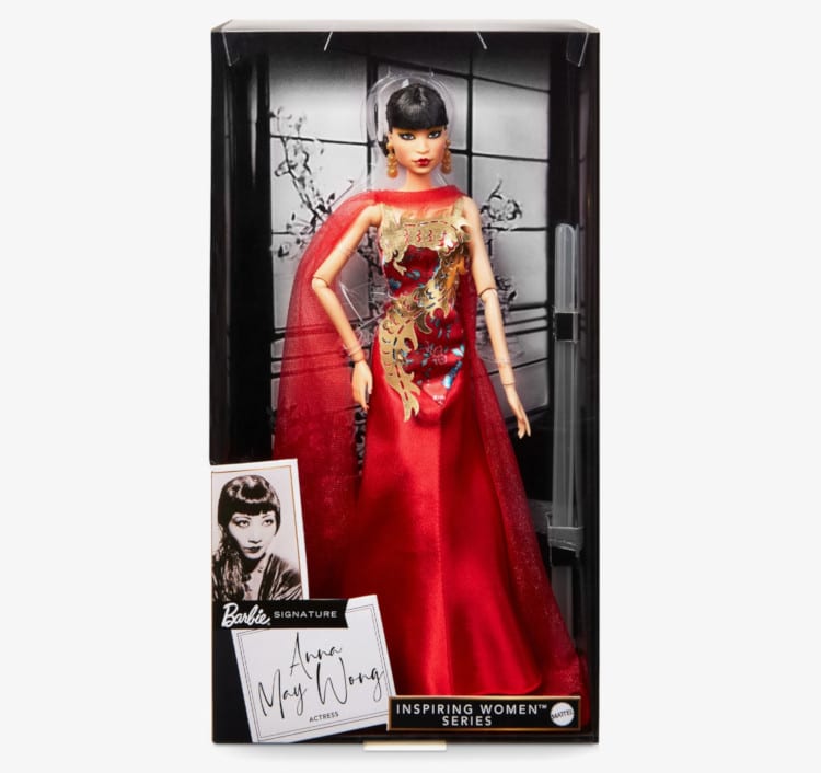 Anna May Wong Barbie Doll in a red dress in its package