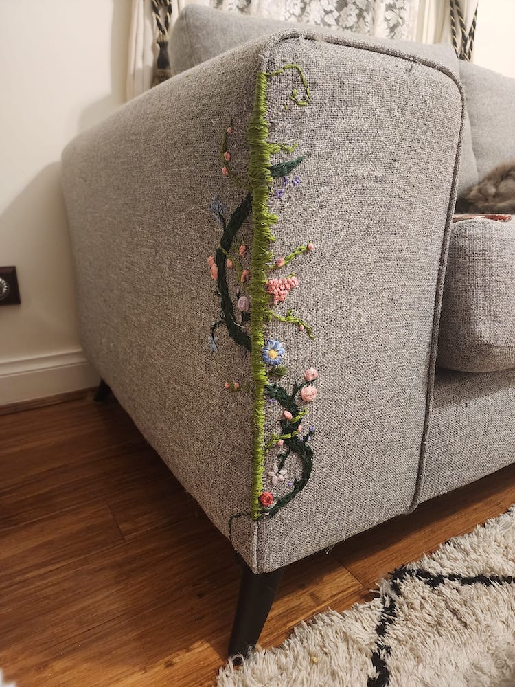 DIY Couch Repair Uses Embroidery to Add Whimsy to Tatters