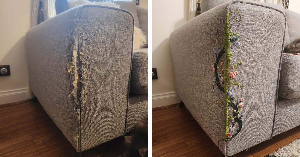 DIY Couch Repair Uses Embroidery to Add Whimsy to Tatters