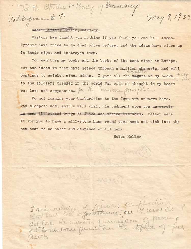 1933 skrev Helen Keller ett brev till bokbrännande nazister om idéernas kraft