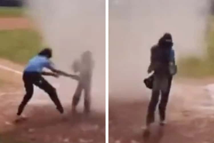 Screenshots of video showing Little Leagues umpire pulling out a kid from a dust devil