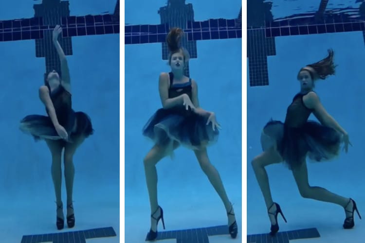 Screenshots of video showing artistic swimmer recreating the "Wednesday" dance