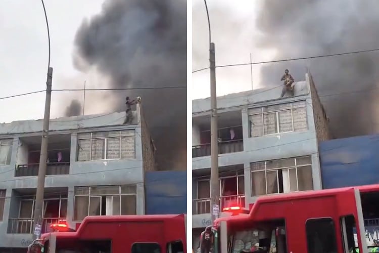 Screenshots of video showing a Colombian Man climbing a dog shelter in Peru to rescue a dog from a fire