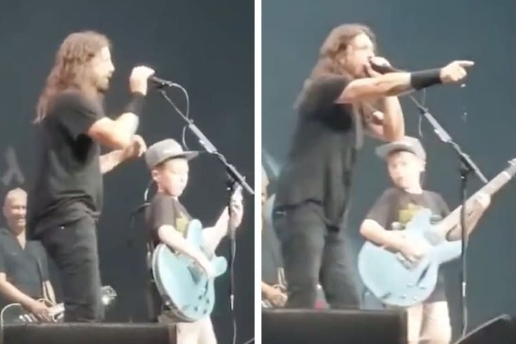 Screenshots of video showing Dave Grohl playing with a 10-year-old fan at a Foo Fighters show