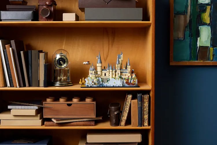 The Harry Potter Hogwarts Castle And Grounds LEGO set on a shelf