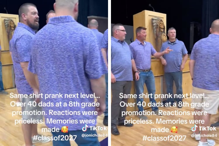 Screenshots of video showing a same shirt prank played on a group of dads at a school promotion