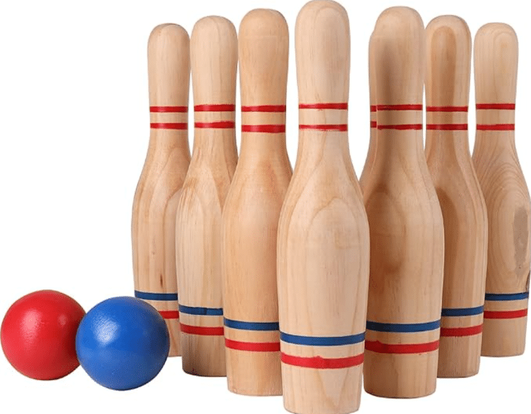 Set Of Wooden Lawn Bowling Pins And Two Balls