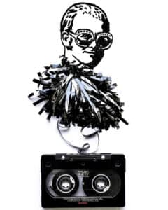 Portraits of famous musicians made from cassette tapes