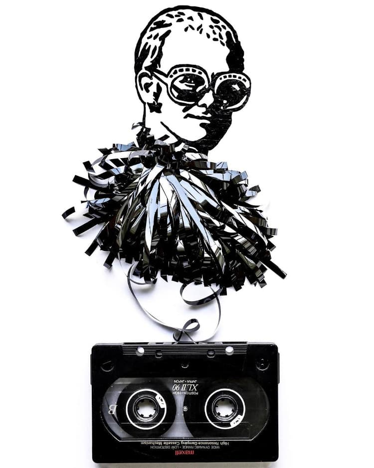 portrait of Elton John made out of cassette tape