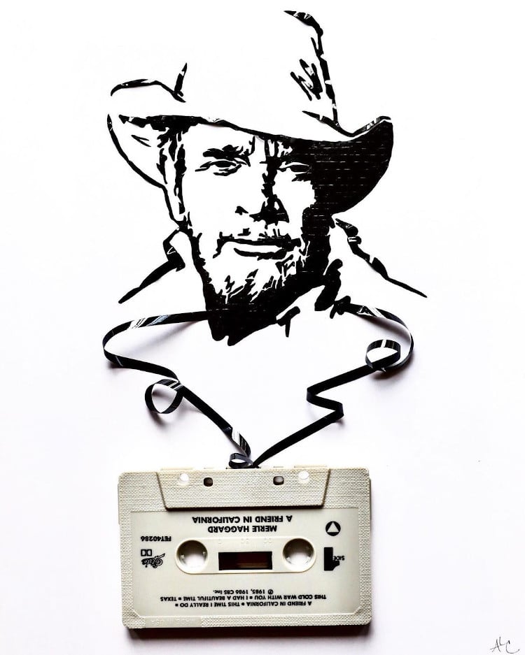 portrait of Merle Haggard made out of cassette tape