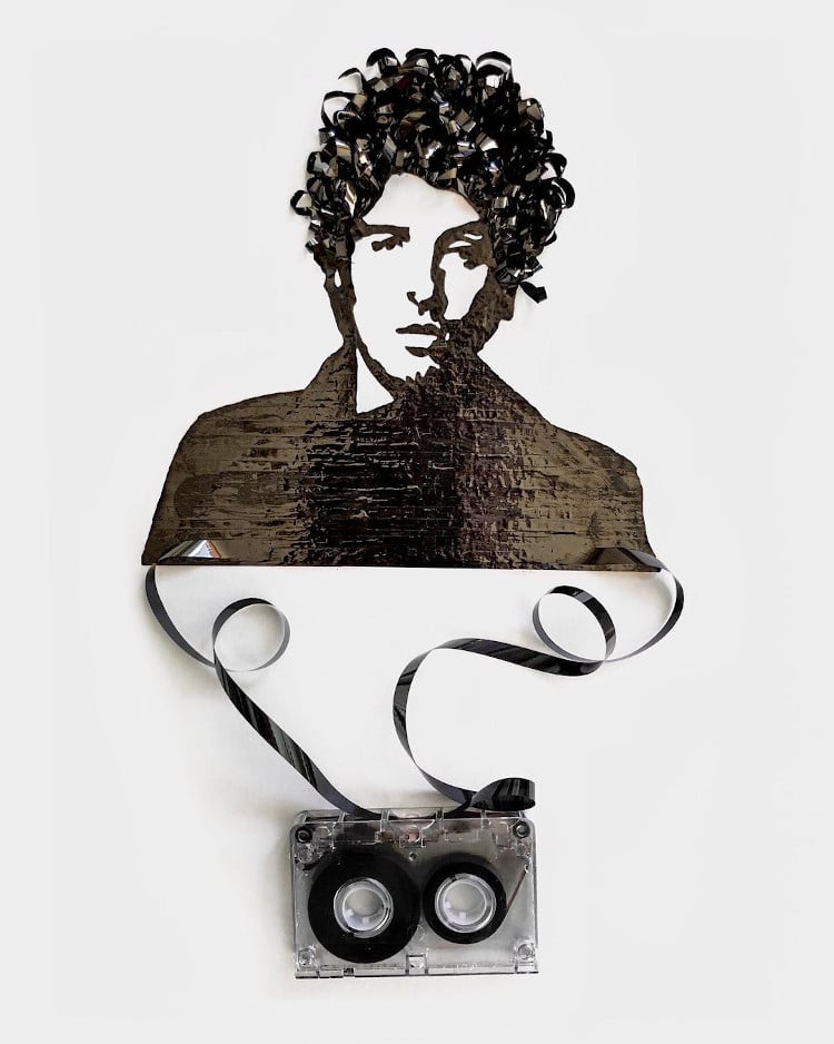 portrait of Bruce Springsteen made out of cassette tape