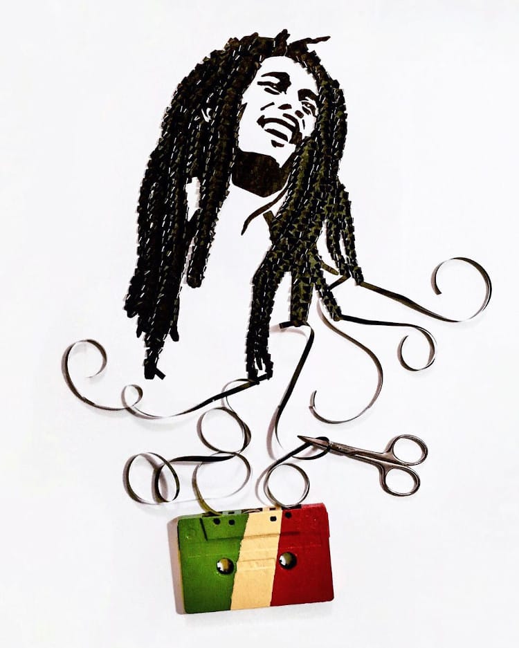 portrait of Bob Marley made out of cassette tape