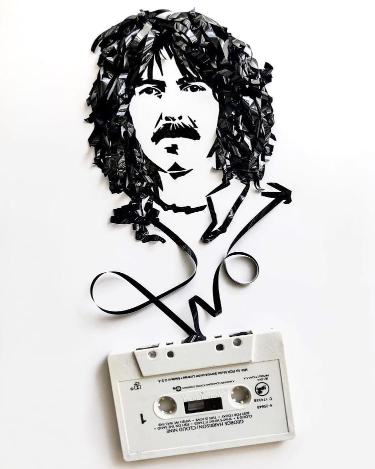 portrait of George Harrison made out of cassette tape