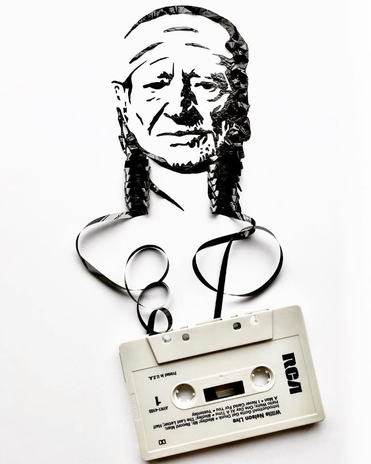 portrait of Willie Nelson made out of cassette tape