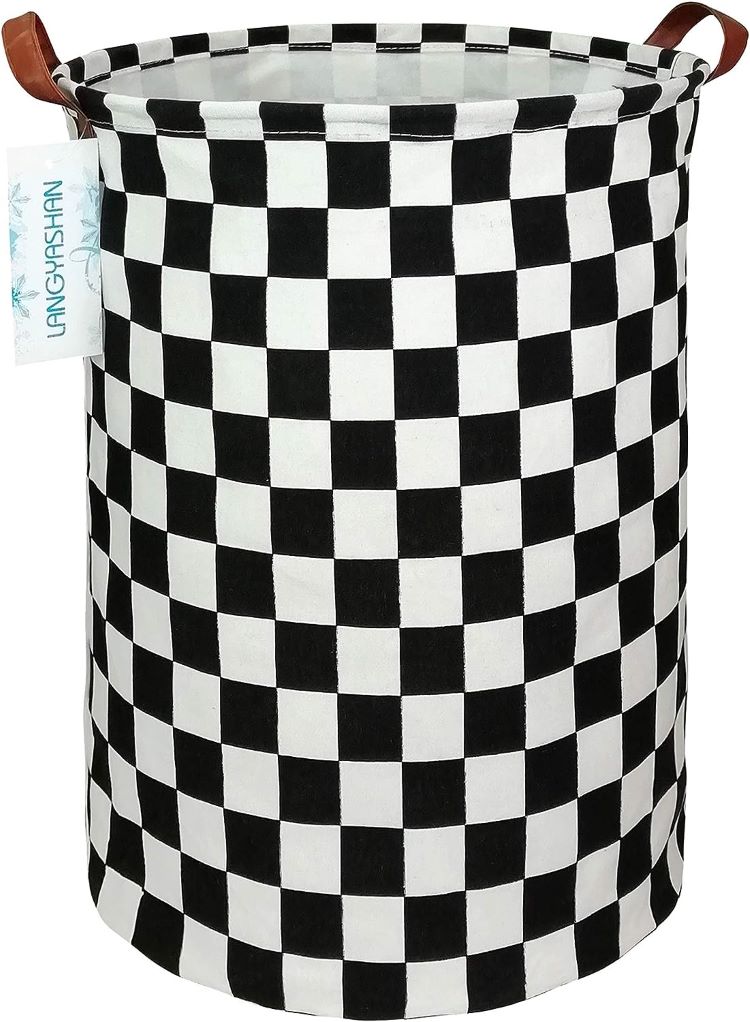 Checkered Black And White Laundry Hamper With Leather Handles