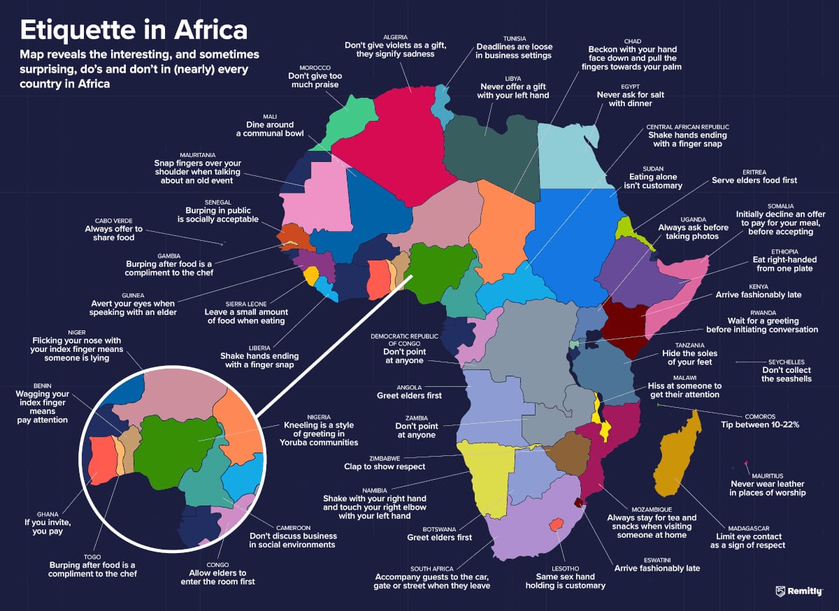 Detail of map of the world revealing etiquette practices in different countries