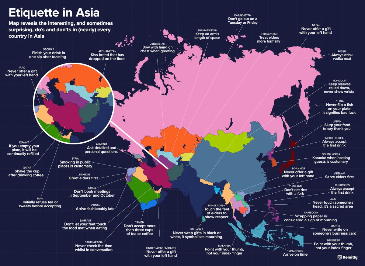 Detail of map of the world revealing etiquette practices in different countries
