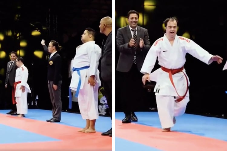 Screenshots of video showing para-karate athlete raising his opponents' hand after defeating him