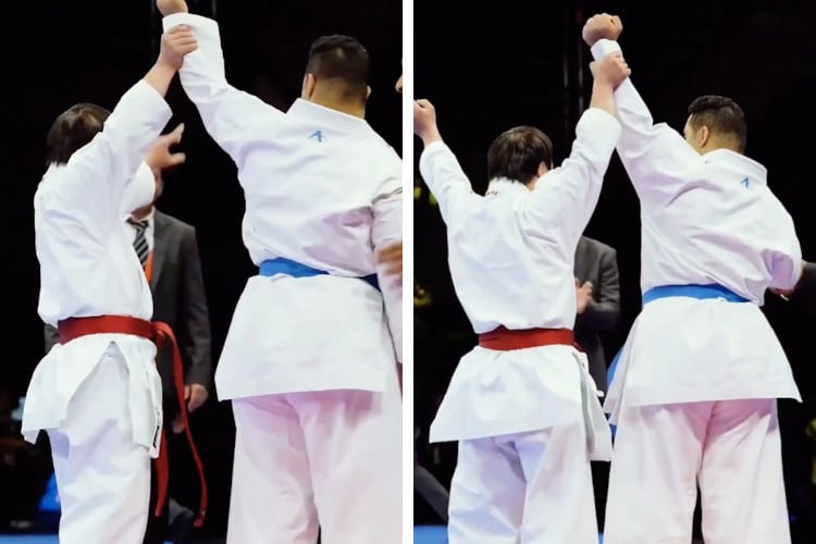 Screenshots of video showing para-karate athlete raising his opponents' hand after defeating him