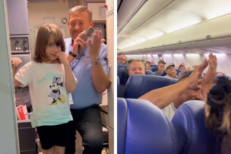 Screenshots of video showing a girl standing on plane hallway as flight attendant makes announcement that she has beat cancer while the passengers cheer