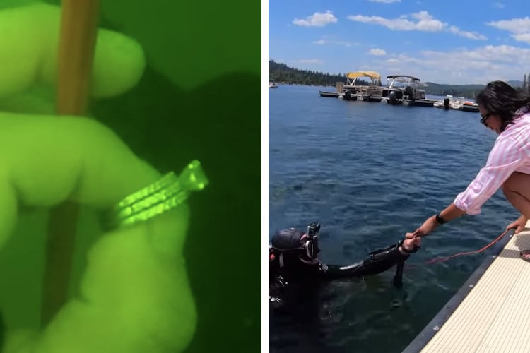 Screenshots of video showing diver recovering wedding ring. On the left, the ring held by the diver; on the right, the diver hands the ring to its owner